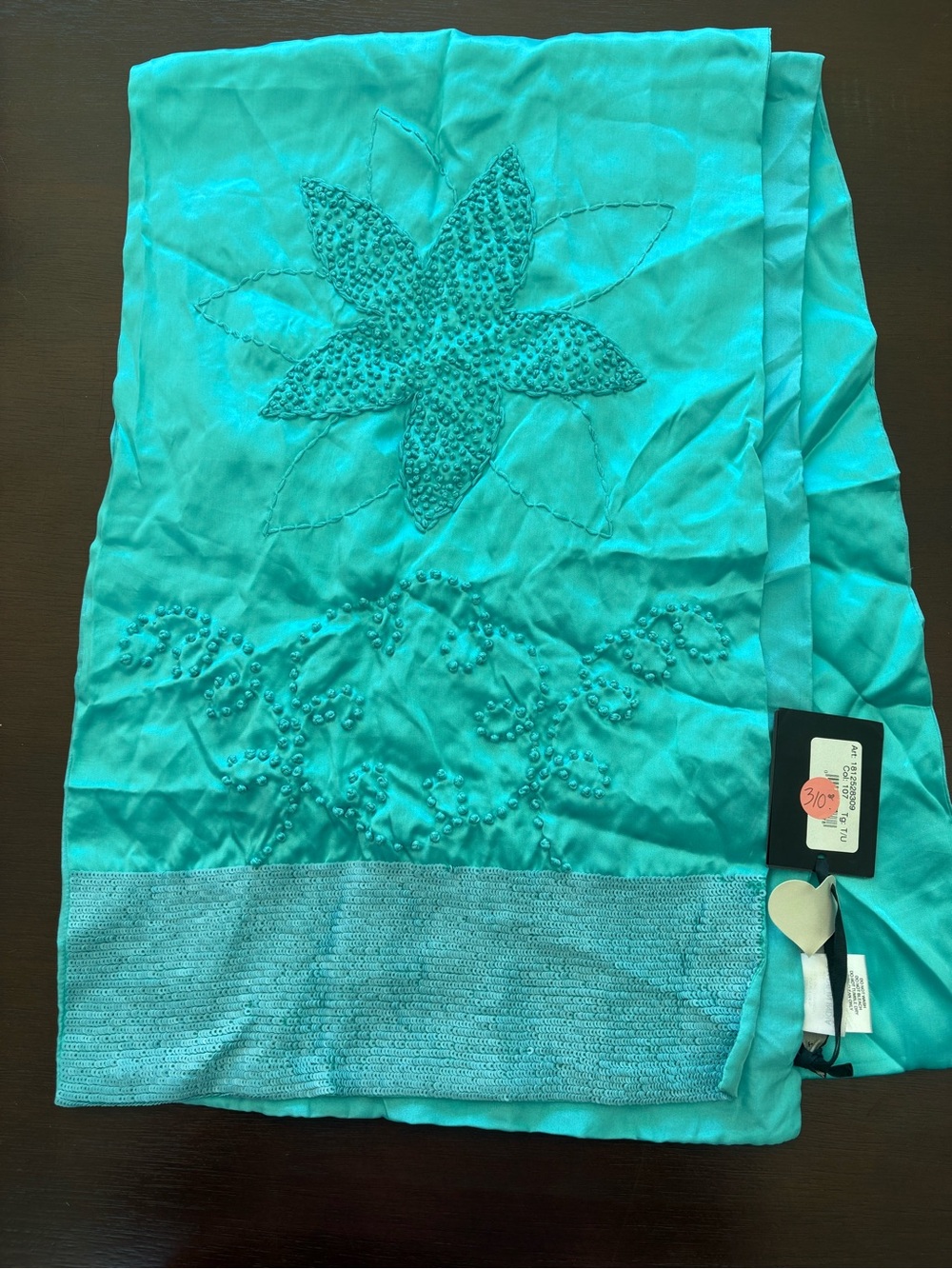 Silk Turquoise Beaded Floral Scarf